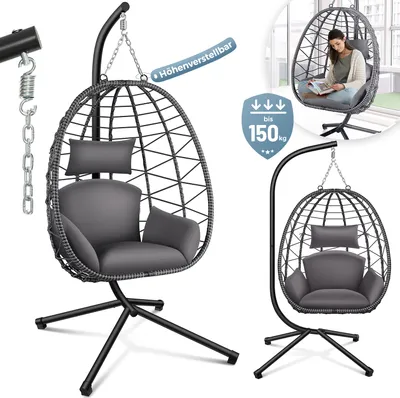 Produktbild von Makika Hängesessel mit Gestell höhenverstellbar aus Polyrattan in Grau