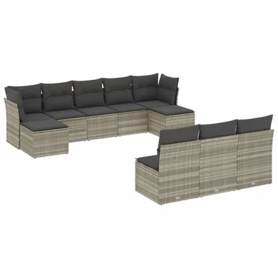 Produktbild von 10-tlg. Garten-Sofagarnitur mit Kissen Hellgrau Poly Rattan