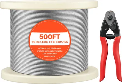 Obrázek produktu pro SucceBuy nerezové lano φ3,2 mm, délka 152,4 m, robustní nerezové lano 316 s mezí pevnosti 798 kg, 1x19 pramenů, vhodné pro zábradlí, zahradní mříže, včetně kleští na drát