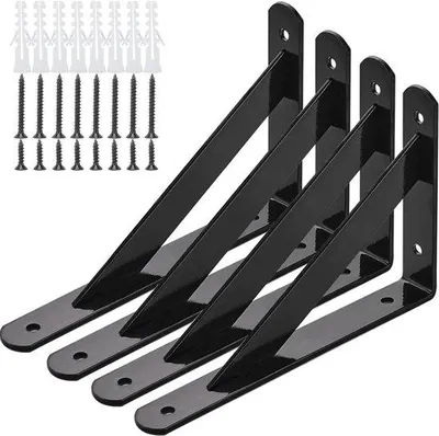 Immagine prodotto di Robusto supporto per assi in 4 pezzi, staffa da parete in ferro a forma di L da 300×190 mm con viti, per un fissaggio sicuro di pavimenti galleggianti, scaffali e telai per pareti divisorie fisse, colore nero.