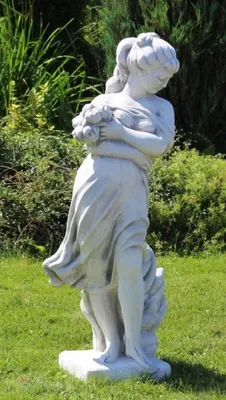 Produktbild von Casa Padrino Jugendstil Garten Deko Skulptur Dame mit Blumenstrauß Grau 31 x 31 x H. 122 cm - Elegante Garten Deko Stein Figur - Barock & Jugendstil Garten Deko Accessoires