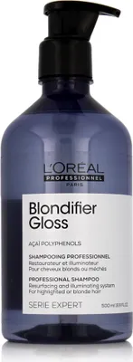 A bottle of L'Oreal Serie Expert Blondifier Gloss Shampoo.