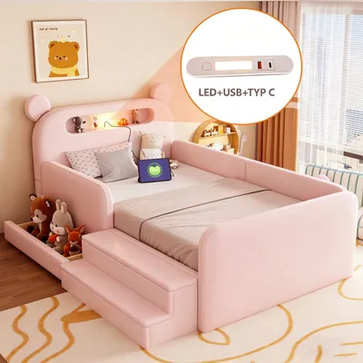 Obrázek produktu pro Dětská postel Flieks 90 x 200 cm s nočním světlem a USB, čalouněná postel ve tvaru medvídka, hrací postel – jednolůžko se schůdky a zásuvkou, umělá kůže, růžová