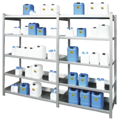 Produktbild von Kleingebinderegal mit 5x35 l Fachwannen, BxTxH 1360x635x2000 mm, verzinkt, Grundfeld