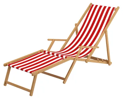 Produktbild von Liegestuhl rot-weiß Strandliege Sonnenliege Relaxliege Deckchair Buche hell Fußteil 10-314 N F