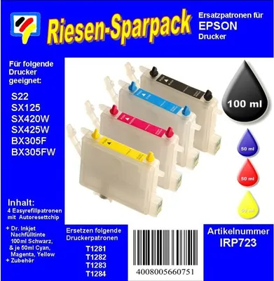 Produktbild von CISS / Easyrefill T1281-T1284 Multipack mit 4 Patronen und 250ml Dr.Inkjet Premium Nachfülltinte
