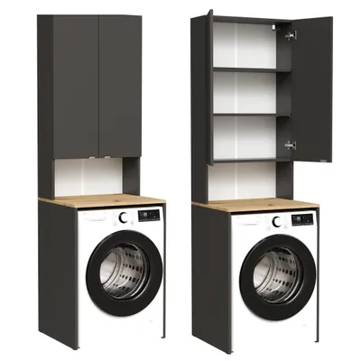 Two laundry cabinets shown next to each other, one with closed doors and the other with open doors revealing shelves.
