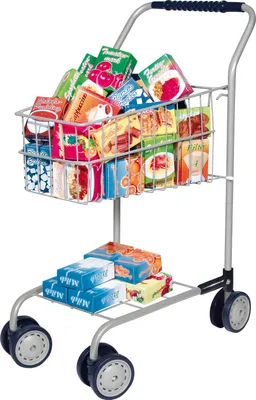 Produktbild von Bayer Design 75000AA Spielzeug Einkaufswagen mit Inhalt, integriertem Puppensitz, Kaufladenzubehör, silber