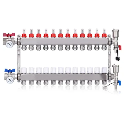 A stainless steel manifold for a floor heating system with 12 heating circuits, featuring thermometers, actuators, and flow regulators.