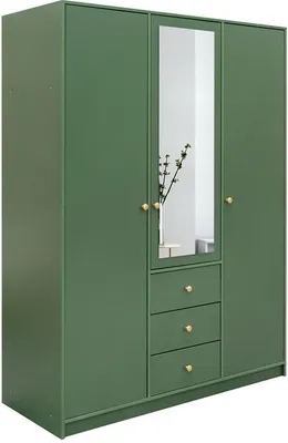 Produktbild von Bettso -Drehtürenschrank Kleiderschrank mit 3 Türen und 3 Schubladen mit Spiegel und Goldmatte Metallgriffe Pastellfarben Garderobe Dielenschrank Schlafzimmerschrank-Rainbow II 150cm Flaschengrün