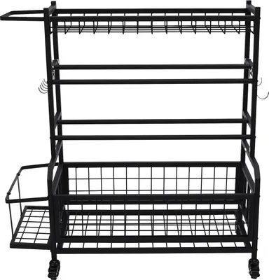 Zdjęcie produktu dla Stojak na hantle - Stojak na hantle - 4 poziomy - Udźwig 136 kg - 4 kółka - Stal - Kosz boczny 40×16,8×21,5 cm - Wolnostojący - Czarny