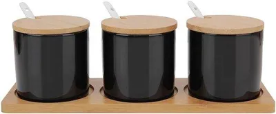 Productafbeelding van Keramische kruidenpot met houten lepel en deksel, 3-delig, zwart