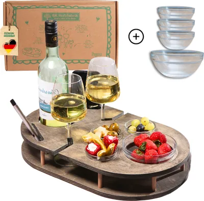 Produktbild von Couchbar Weinbar in grau mit 4 Glasschalen | Couch Tablett für Wein mit Getränkehalterung für Weingläser und Weinflasche | Sofabar für Snacks