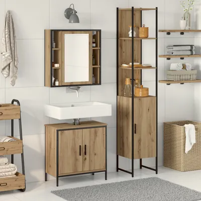 Produktbild von Badezimmer Schrank Eiche 33x33x185.5 cm Holzwerkstoff, Badezimmerschränke DesignMöbel Neu