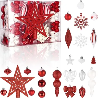 Image de Boules de Noël en plastique, 88 pièces, rouge et blanc, décorations pour sapin