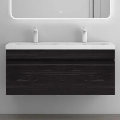 Produktbild von doporro Badmöbel-Set Schwarz Strukturiert Waschbecken-Unterschrank Badezimmerschrank Mineralguss Waschplatz 120x48x55cm inkl. Waschbecken Wandmontage Botanica