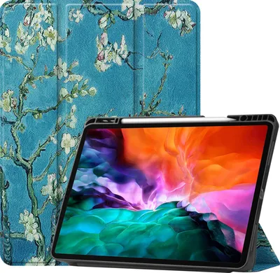 Produktbild von Mobigear Tri-Fold Gel iPad Pro 12.9 Zoll (2021) Hülle TPU,Kunstleder Klapphülle + Stifthalter - Mandelblüten