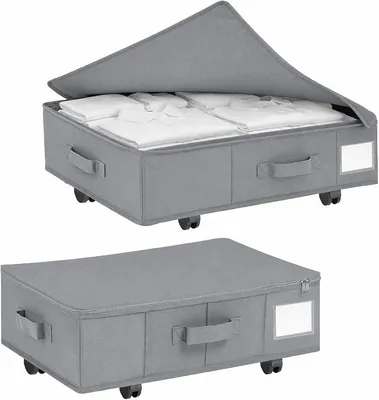 Produktbild von PolkaHome® Unterbettkommode mit 4 Rollen, Bettlade mit Metallbodenstütze, Grau, 60 x 40 x 18,5 cm, 2er Set