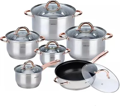 Imagen del producto de Juego de ollas de inducción de 12 piezas, con sartén y cacerola, juego de ollas con tapa de vidrio, utensilios de cocina de acero inoxidable satinado, juego de ollas, apto para todo tipo de cocinas, apto para lavavajillas