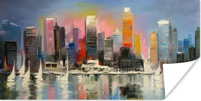Produktbild von MuchoWow® Poster Gemälde - Öl - Skyline - Wasser 80x40 cm - Wanddeko