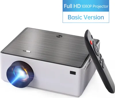 A projector and its remote control are shown against a white background, with text overlays indicating product features.