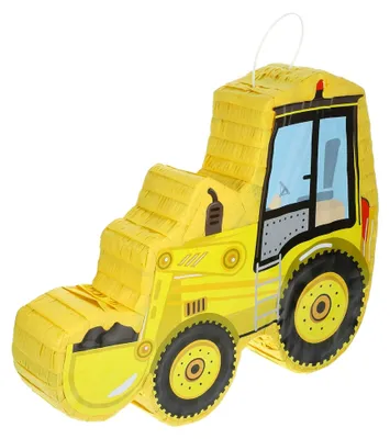 Produktbild von Gelbe Piñata in Baggerform aus Papier für Partys mit Süßigkeitenfüllung