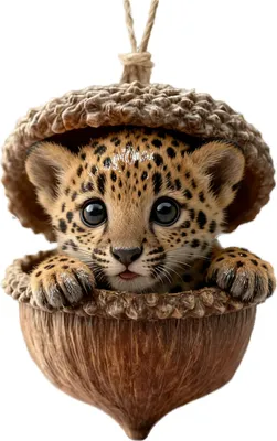 A cute baby jaguar peeking out of an acorn.