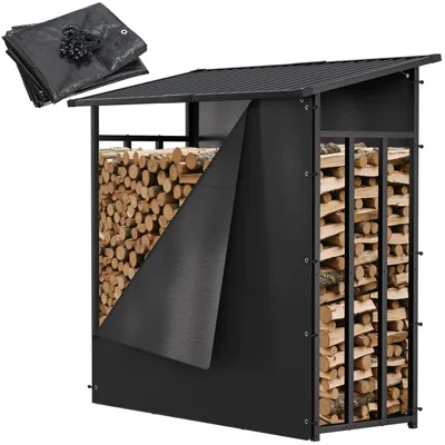 Produktbild von Ikodm Brennholzregal 185 × 70 × 185 cm mit verzinktem Stahldach und 2 PE-Abdeckplanen, Kaminholzregal aus Stahl, Schwarz, für Holzlagerung