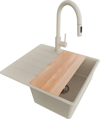 Produktbild von PRIMAGRAN Granitspüle Beige 55x50cm, Spülbecken 1 Becken + Küchenarmatur 40x20cm + Ablauf-Set + Schneidebrett, Küchenspüle ab 40er Unterschrank - Kopenhagen