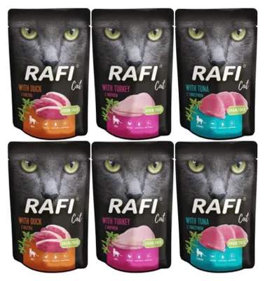 Zdjęcie produktu dla Rafi Mokra Karma dla Kotów Zestaw 3 Smaki Indyk Kaczka Tuńczyk Saszetki 6x100g