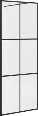 A black framed glass shower wall on a white background.