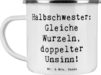 Produktbild von Mr. & Mrs. Panda Emaille Tasse Spruch Halbschwester Unsinn - Weiß - Geschenk, Geschenkideen, Verwandte, Humor, Haferl, Familie, Geschwisterbeziehung, wandertasse, Lächeln