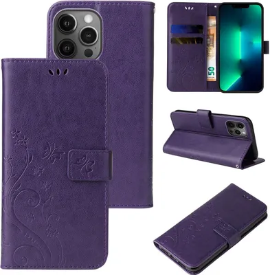 Produktbild von Handyhülle für Apple iPhone 13 Pro Floral Blumen Schmetterling Flip Cover Hülle Case Klapphülle Handytasche Farbe: Violett