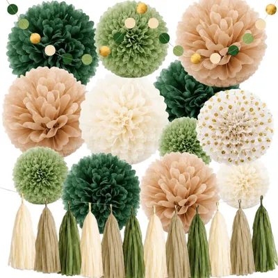 Image de Kit de décoration pour fêtes, couleur vert sauge, comprenant 14 pièces à suspendre, avec des pompons et une guirlande