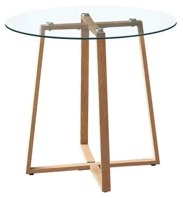 Obrázok produktu pre Okrúhly jedálenský stôl, sklo, 75x80 cm, kovové nohy, povrchová úprava imitujúca dub, priehľadný