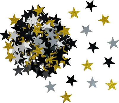 A pile of star-shaped confetti in gold, silver, and black colors, scattered on a white background.