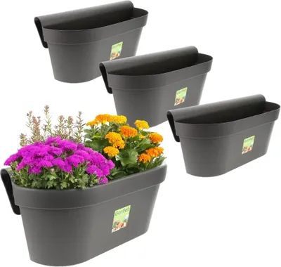Produktbild von 4X Geländerkasten Balkon mit Wasserspeicher Blumentopf Zaun Blumenkasten Geländer Balkontopf Balkonkasten Anthrazit 49 x 21 x 23 (H) cm Außenbereich