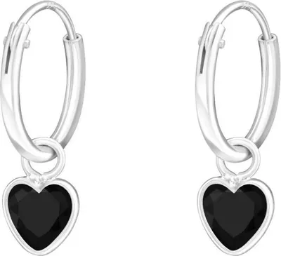 Produktbild von 925 Sterling Silber Creolen Ohrringe mit Zirkonia-Herz in verschiedenen Farben Farbe - Schwarz