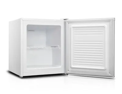 An empty white mini-refrigerator with its door open, shown against a white background.