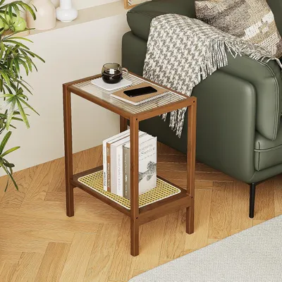 Obrázek produktu pro dvouvrstvý ratanový stolek do malých místností - noční stolek s úložným prostorem - bambus a sklo - boho styl - ložnice a obývací pokoj