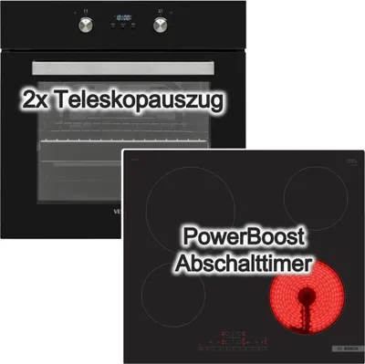 Produktbild von Backofen Set Teleskopauszug 69 Liter Hot Air Shield mit Bosch Glaskeramik Kochfeld 60 cm PowerBoost