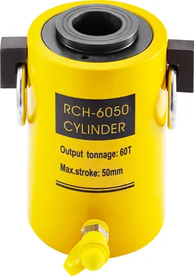 A yellow hydraulic cylinder with black text and accents, isolated on a white background.