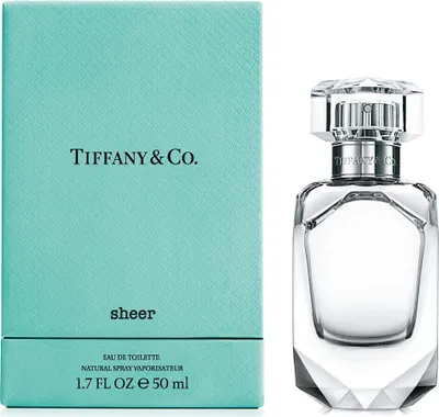A Tiffany & Co. Sheer Eau de Toilette spray bottle and its packaging are displayed side-by-side against a white background.
