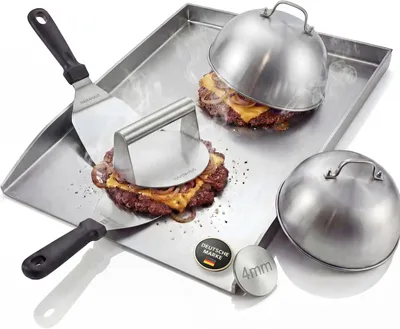 Produktbild von 𝗛𝗔𝗩𝗘𝗡𝗛𝗔𝗨𝗦 Grillplatte Edelstahl [40x30cm] Set mit Smash Burger Zubehör; 6-teilig Premium Set Plancha, Burgerpresse, Burgerglocke, Spachtel