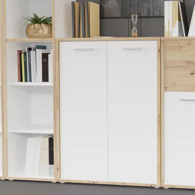 Produktbild von Forte KEFLAVIK Schrank 80 90, moderner Büroschrank mit 2 Türen, Holzwerkstoff, Artisan Eiche Holzdekor | Weiß, 84,5 cm breit x 115,1 cm hoch x 41,5 cm tief