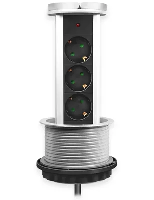 Obrázek produktu pro Vestavěná zásuvková lišta LogiLink LPS235A, 3 zásuvky, mechanismus zvedání/spouštění, LED indikátor, H05VV-F 3G 1,5 mm², kabel 1,8 m, Stříbrná/Černá/Bílá