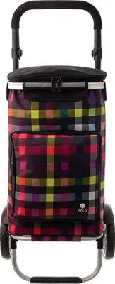 A shopping trolley with a multicolor checkered pattern and a separate cooler bag.