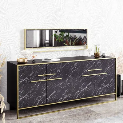 Produktbild von Skye Decor, Polka Aynali- Black, Konsole, Gold, 100 % MELAMINBESCHICHTETE SPANPLATTEN, 179,9 x 47,3 x 75 cm