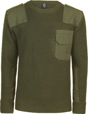A studio shot of a green military-style sweater.
