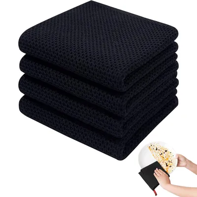 Produktbild von MODFU Geschirrtücher 4er Set 100% Baumwolle 34 x 73 cm, Weiche Geschirrhandtücher Küchenhandtücher Saugfähig Küchentücher Dicke Premium Geschirrtuch Spüllappen Putzlappen Schwarz